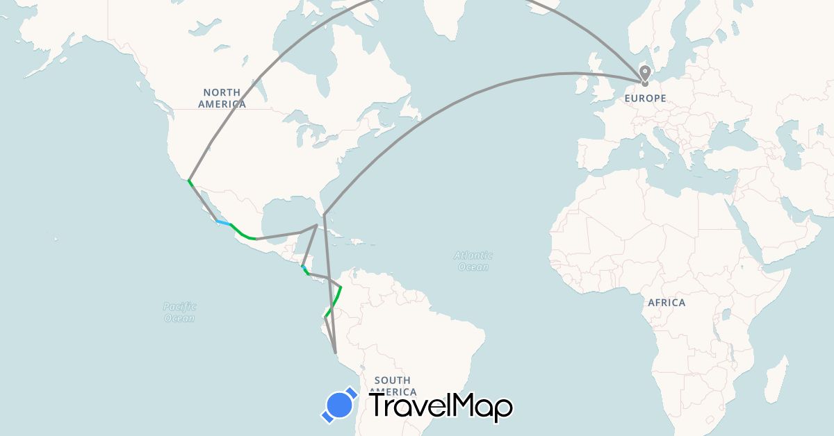 TravelMap itinerary: bus, plane, boat in Colombia, Costa Rica, Cuba, Germany, Ecuador, Mexico, Nicaragua, Panama, Peru, United States (Europe, North America, South America)
